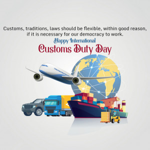 International Customs Day graphic with globe, plane, truck, and ship