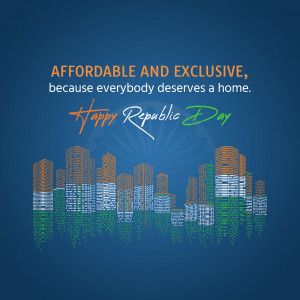 Republic Day graphic with cityscape and text about affordable housing.