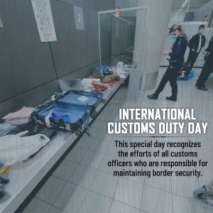 Airport security check with luggage on a conveyor belt and customs officers.