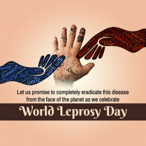 Two hands reaching out to each other, covered in words related to connection and unity, with text promoting World Leprosy Day.