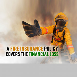 Firefighter reaching out with text promoting fire insurance coverage.