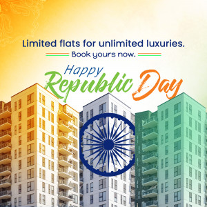 Republic Day promotion for limited edition flats with the Indian flag and cityscape.