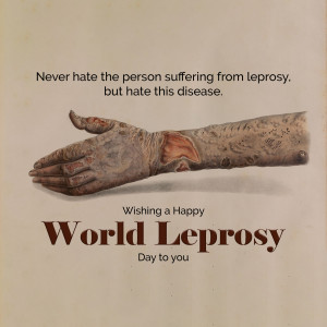 Image depicting a hand affected by leprosy with text promoting awareness and compassion.
