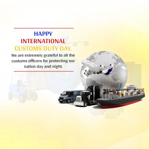 Image celebrating International Customs Day with a globe, transportation vehicles, and text.
