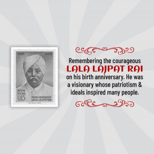 Postage stamp featuring Lala Lajpat Rai with text commemorating his birth anniversary.