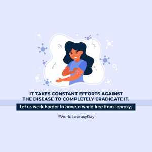 Illustration of a woman with skin lesions surrounded by virus-like shapes, promoting awareness about leprosy.