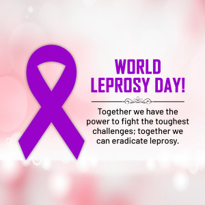Purple ribbon with text 'World Leprosy Day' on a pink background
