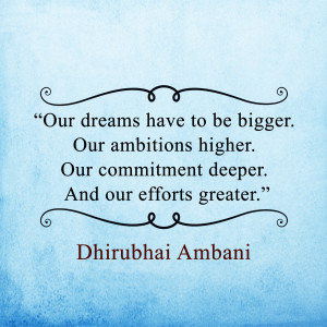 Inspirational quote by Dhirubhai Ambani on dreams, ambitions, and commitment.