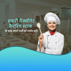 Smiling female chef holding a wooden spoon, promoting catering services.