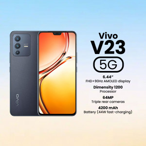 Vivo V23 5G smartphone with a blue gradient back and a vibrant display showing an orange drink.