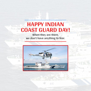 Image celebrating Indian Coast Guard Day with ships and a helicopter.