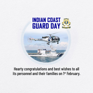 Indian Coast Guard helicopter over the sea with text celebrating Coast Guard Day