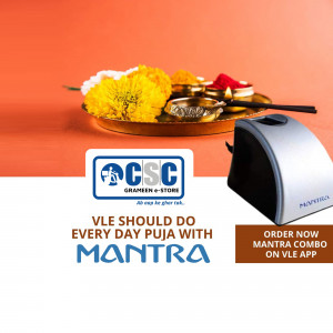 Image of a traditional puja thali with flowers, a diya, and a Mantra Combo device, promoting daily puja with Mantra VLE app.