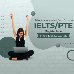 Woman celebrating while using a laptop with IELTS/PTE text and a free demo class offer.