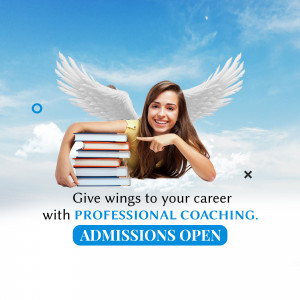 Young woman with wings holding books, promoting career coaching with open admissions.