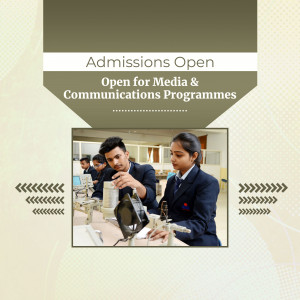 Students in a media lab with text 'Admissions Open'