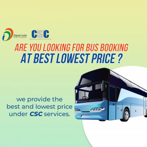 Image promoting bus booking services through CSC Digital India with a bus illustration.