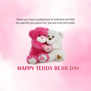 Two teddy bears, one pink and one white, embracing each other with a heart between them. Text reads 'Happy Teddy Bear Day'.