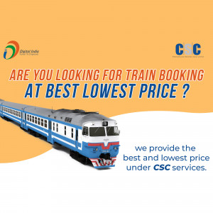 Image promoting train ticket booking services at the lowest price through Digital India and CSC.