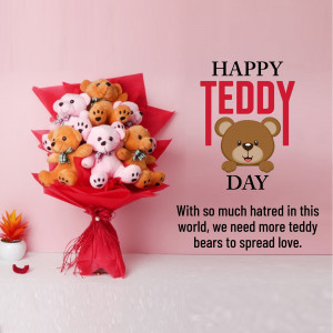 A bouquet made of teddy bears with a 'Happy Teddy Day' message.