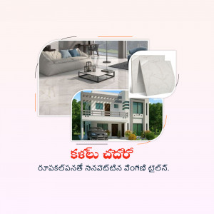 Collage of a modern living room, exterior house, and tile samples.