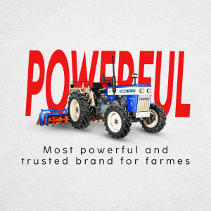 Blue tractor with the word 'POWERFUL' in red letters