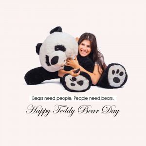 A young woman hugging a large panda teddy bear.