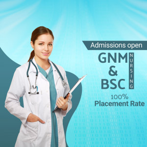 Female nurse with stethoscope and clipboard promoting nursing admissions