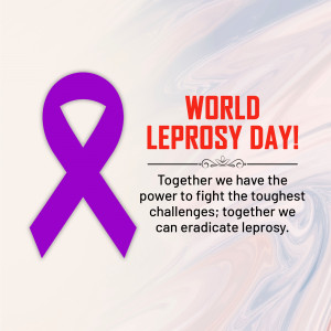Purple ribbon with the text 'World Leprosy Day' on a light background.