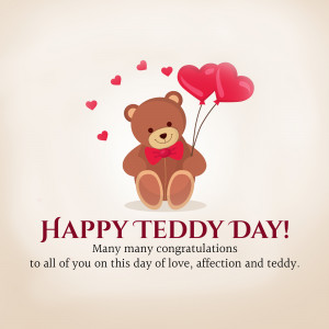 Cute teddy bear with red hearts and Happy Teddy Day message