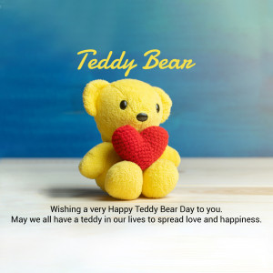 Yellow teddy bear holding a red heart with text 'Teddy Bean' and 'Happy Teddy Bear Day'