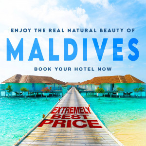 Overwater bungalows in the Maldives with promotional text.