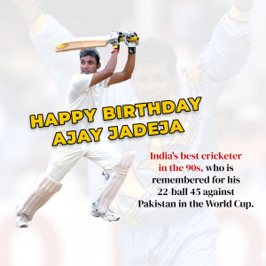 Ajay Jadeja batting in a cricket match with birthday wishes
