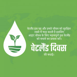 World Wetlands Day poster with a water droplet and plant illustration.