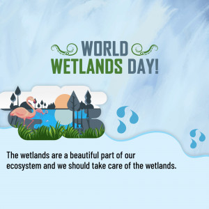World Wetlands Day graphic with flamingos, trees, and water droplets