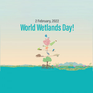 Illustration for World Wetlands Day featuring animals and plants in a wetland ecosystem.