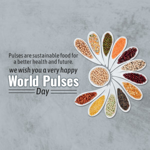 Assortment of pulses arranged in a flower shape with text celebrating World Pulses Day.