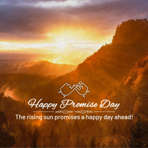 Sunrise over mountains with a heart-shaped hands graphic and 'Happy Promise Day' text.