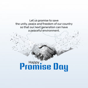 Digital illustration of a handshake over a map with the text 'Happy Promise Day' and a pledge for a peaceful future.