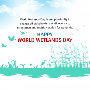 World Wetlands Day graphic with birds, reeds, and a wetland scene.