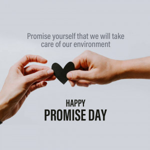 Two hands holding a black heart shape, symbolizing a promise to care for the environment. Text reads 'Happy Promise Day'.