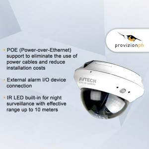 White Avtech IP camera with dome cover and features listed