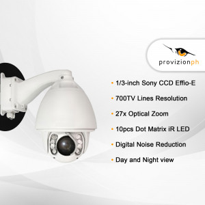 White security camera mounted on a wall with product specifications