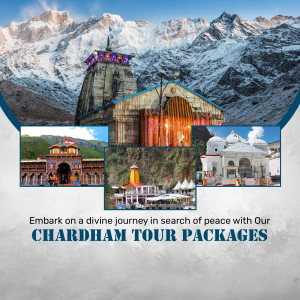 Image of Kedarnath Temple and other Char Dham shrines with tour package advertisement
