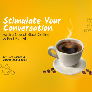 A cup of black coffee with coffee beans and steam, promoting a stimulating conversation.