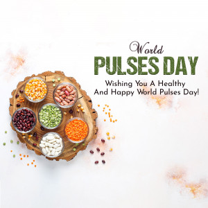 Assortment of colorful pulses arranged on a wooden surface with 'World Pulses Day' text.