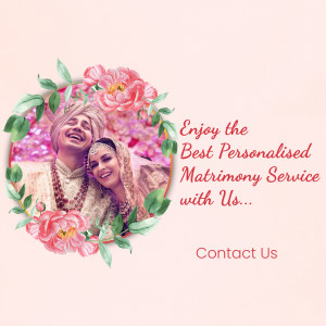 Indian couple in wedding attire with floral frame and text promoting personalized matrimony service