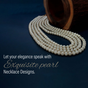 Close-up of a delicate pearl necklace on a dark blue background.