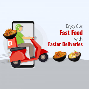 Illustration of a delivery driver on a scooter with food, promoting fast food delivery.