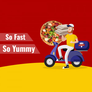 Cartoon illustration of a delivery man on a scooter with a large pizza